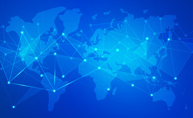 internet connection and world map background with neon effect. low poly, dot, circle, line, light. d