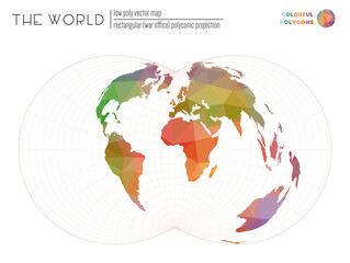  Polygonal map of the world. Rectangular (War Office) polyconic projection of the world. Colorful colored polygons. Neat vector illustration.