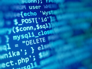 blue programming code background. abstract coding monitor. technology and software development.