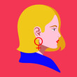 European blonde beautiful feminist girl looking to the side with red lips and female gender symbol as earring. Feminism illustration in flat style. Modern and stylish image for equal rights worldwide