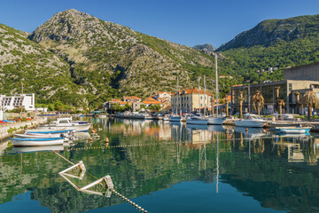 Sunny morning view of Risan, small town in Kotor bay, Montenegro.