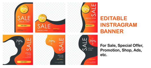 set of editable sale tags, square banner template for Instragram and FB. Black and orange background color with stripe line shape. Suitable for social media post and web internet ads.