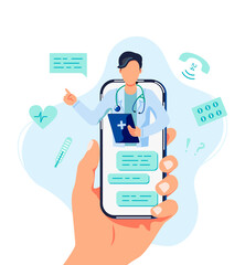 Tele medicine, online doctor and medical consultation concept. Doctor helps a patient on a mobile phone. Flat cartoon style vector illustration.