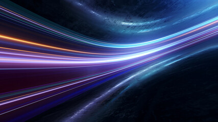 light and stripes moving fast over dark background and are reflected in the road surface. technology