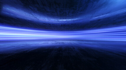 light and stripes moving fast over dark background and are reflected in the road surface. technology