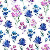 Fototapeta Lawenda - Pattern of pink and blue flowers. Stylized wild plants. Seamless pattern with watercolor flowers. Ornament of field plants on a white background.