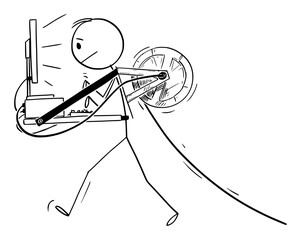 Canvas Print - Vector cartoon stick figure drawing conceptual illustration of walking man or businessman carrying desktop computer attached to him as mobile office, pulling electric cable behind.