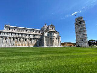 Sticker - Field of Miracles and Leaning Tower, Pisa. Panoramic view without tourists on a sunny day