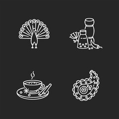 Poster - Indian culture chalk white icons set on black background. National animal. Peacock. Traditional cuisine. Masala chai. Paisley pattern. Spices and herbs. Food flavorings. Isolated vector chalkboard