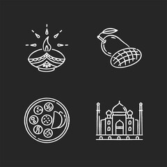 Poster - Indian culture chalk white icons set on black background. Traditional diya. Diwali festival. Mango fruit. Thali dish. Chapati bread. Taj Mahal. Marble mausoleum. Isolated vector chalkboard