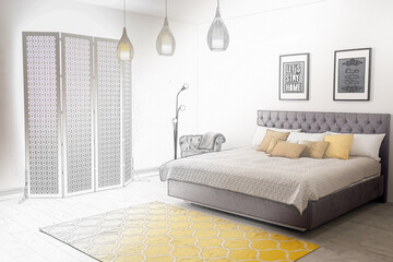 Poster - Stylish room with large comfortable bed. Illustrated interior design