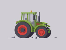 Vector Green Tractor With Red Wheels. Side View. Isolated Illustration