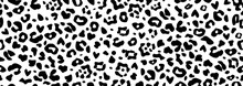 Seamless Pattern Of Snow Leopard Skin Pattern With Little Hearts. Minimal Black Artistic Spots Isolated On White Background. Abstract Wild Fabric Print. Digital Motif Wallpaper. Cheetah Modern Poster