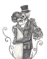 Skeleton lovers couple love wedding design by hand drawing on paper.