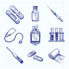 Wall Mural - Hand-drawn sketch set of medical patch, plaster, glass bottle, syringe with injection, digital thermometer, blood transfusion bag, medical tubes with liquid, stethoscope, two long pills, bandage roll	