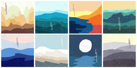 Wall Mural - Vector illustration landscape. Wood surface texture. Japanese wave pattern. Mountain background. Asian style. Sunset scene. Design for social media wallpaper, blog post template, card, poster