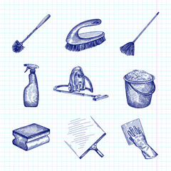 Wall Mural - Hand-drawn sketch set of Cleaning equipment. Housekeeping and house work. Butterfly Floor Mop, Glass Window Wiper, rag and glove, Sprayer, professional sponge, cleaning brush, toilet brush	