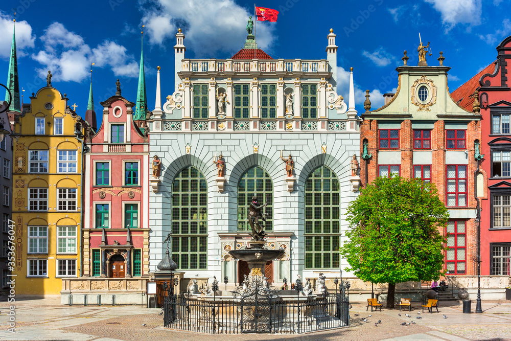 Beautiful architecture of the old town in Gdansk with Artus court, Poland - obrazy, fototapety, plakaty 