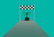 © Tinnakon - 3d rendering of finish point and gold trophy on blue background. 3d minimal concept for success, goal or target