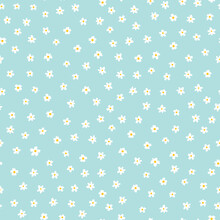 White Ditsy Flowers On Blue Seamless Vector Pattern. Floral Background With Small White Flowers. Liberty Style. Floral Repeating Texture For Fashion Prints. Ditsy Print. Spring, Summer Decor