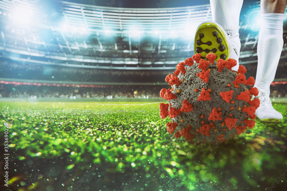 Soccer player with virus ball under the football shoe at the stadium - obrazy, fototapety, plakaty 