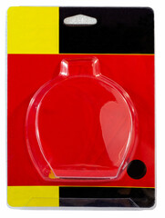 Wall Mural - Empty red, black and yellow cardboard object packaging with clear transparent cover.