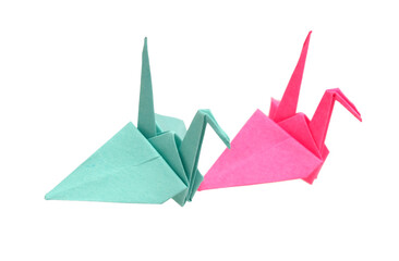 Two colorful origami birds isolated white