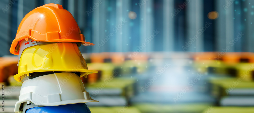 Hard Hat Construction for worker or engineer wearing prevent or safety working in dangerous area Such as construction sites, industry, factory and warehouses. Concept Contractor work agreement - obrazy, fototapety, plakaty 