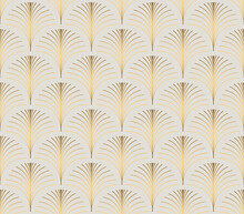 Vintage Style Elegant Floral Art Deco Repeat Fan Pattern/stylized Palm Leaf In Golden Metallic Gradient On Light Background. Seamless Art Deco Fan Pattern.