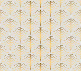 Vintage style elegant floral art deco repeat fan pattern/stylized palm leaf in golden metallic gradient on light background. Seamless art deco fan pattern.