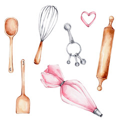 Kitchen set with wooden spoon, pastry bag,cookie cutter, rolling pin, measuring spoons; watercolor hand draw illustration; can be used for confectioner's logo or poster; with white isolated background