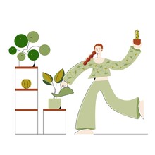 red-haired girl in green clothes watering plants with a watering can. flat vector illustration on white background