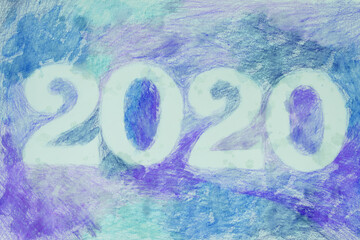 the date two thousand twenty is highlighted in white closeup on a violet and blue background, decorated with pencils