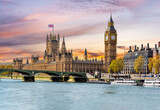 Fototapeta Londyn - Houses of Parliament with Big Ben and Westminster bridge at sunset, London, UK