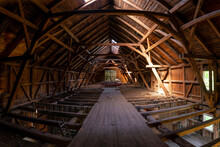 Interior Of Large Old Timber Frame Barn In Germany During Renovation, Upper Floor Wide Angle Shot