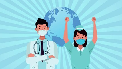 Wall Mural - doctor and nurse workers with earth planet