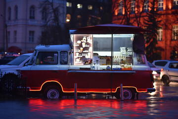 Wall Mural - food truck on night street with illumination