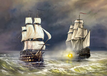 Digital Oil Paintings Sea Landscape, Sailing Ships In The Sea. Battle Ship, Fine Art.