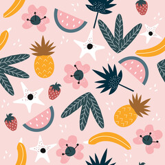 Seamless pattern with simple cartoon fruits. Summer tropical print. Vector hand drawn illustration.