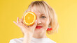 © Вячеслав Косько - Portrait of a cool cheerful woman girl with oranges. Juice ads. Positive, harmony.