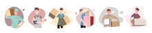 Courier Staff Character. Deliveryman Is Holding A Box With Smiley Face.flat Design Style Minimal Vector Illustration