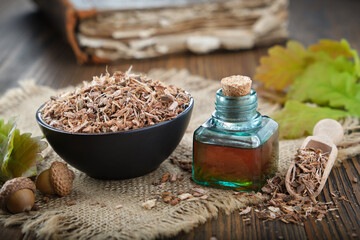 Wall Mural - healthy oak bark in black ceramic bowl, infusion or tincture bottle, old book, green oak leaves and 