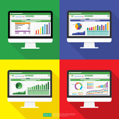 spreadsheet on computer screen flat icon. financial accounting report concept. office things for pla