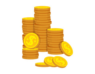 Wall Mural - Neat stacks of gold coins flat cartoon. Golden coin pile heap, bank currency shining sign. Stacks money for game, apps. High stacks, financial growth. Hundreds cash pile. Isolated vector illustration