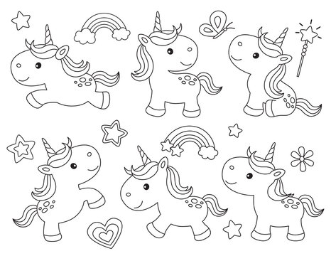 Fototapete - Outline cute unicorns for coloring. Unicorns line art vector illustration.