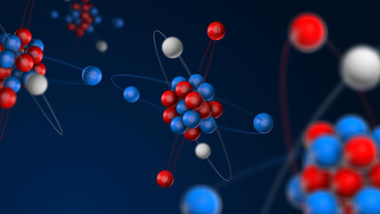 Atom 3d model, protons and neutrons in atomic nucleus