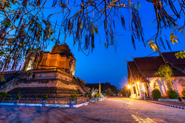 Wat Chedi Luang is a Buddhist temple in the historic centre and is a Buddhist temple with evening is a major tourist attraction in Chiang Mai,Thailand.