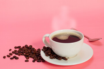 Wall Mural - Hot coffee cups on the pink background