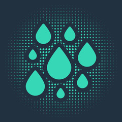 Green Water drop icon isolated on blue background. Abstract circle random dots. Vector Illustration.