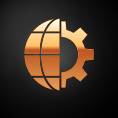 Poster - Gold Globe of the Earth and gear or cog icon isolated on black background. Setting parameters. Global Options. Vector Illustration.